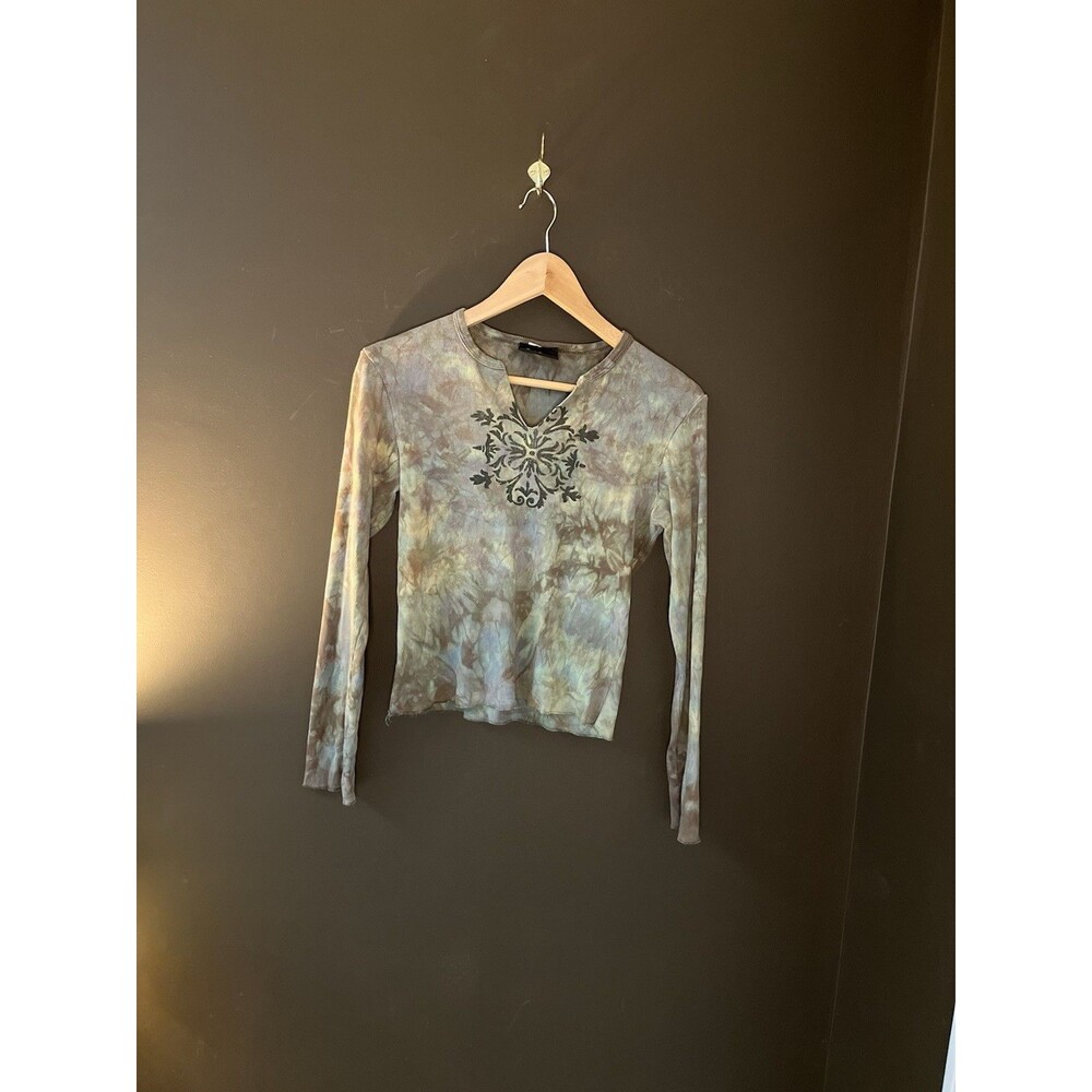 Vintage Y2K 55 Blue Tie Dye Long Sleeve Top Grunge Fairycore Keyhole S